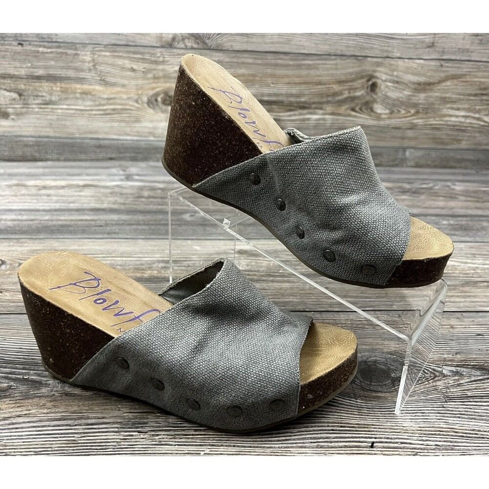 Blowfish Malibu Platform Cork Heeled Grey Fabric Rivets Slip-On Sandals Size 10